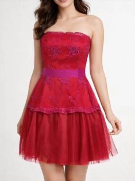 Marchesa Dresses & Skirts - Pearl Georgina Chapman by Marchesa Red Lace Tulle Strapless Mini Dress Size 4